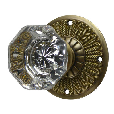 Providence Octagon Crystal Door Knob with Feathers Rosette in Antique Brass