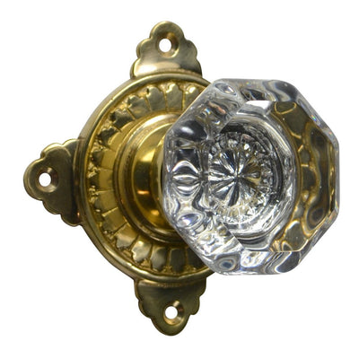 Octagon Crystal Door Knob with Art Deco Rosette in Polished Brass