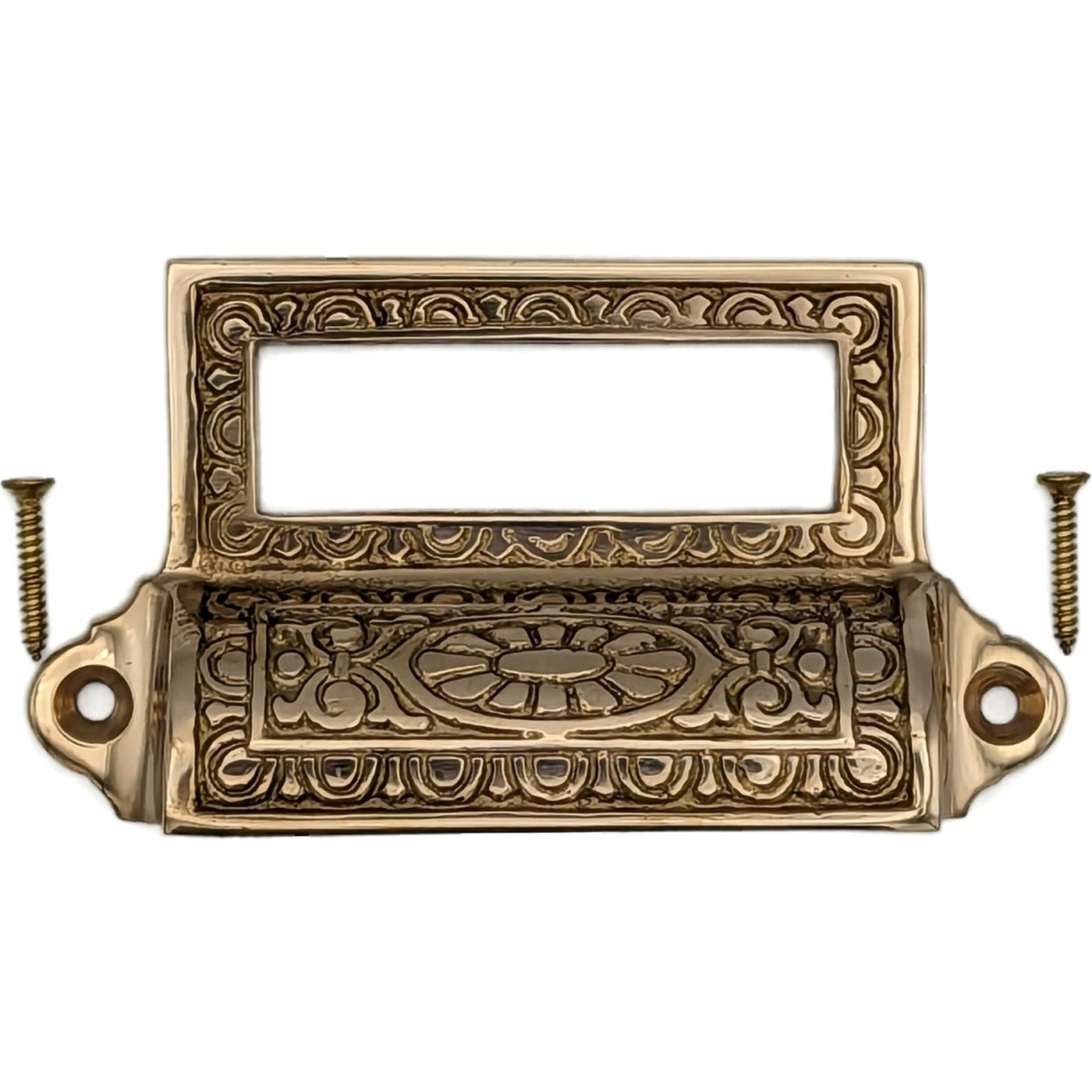 4 1/8 Inch Overall (3 1/2 Inch c-c) Solid Brass Victorian Label Style Bin Pull