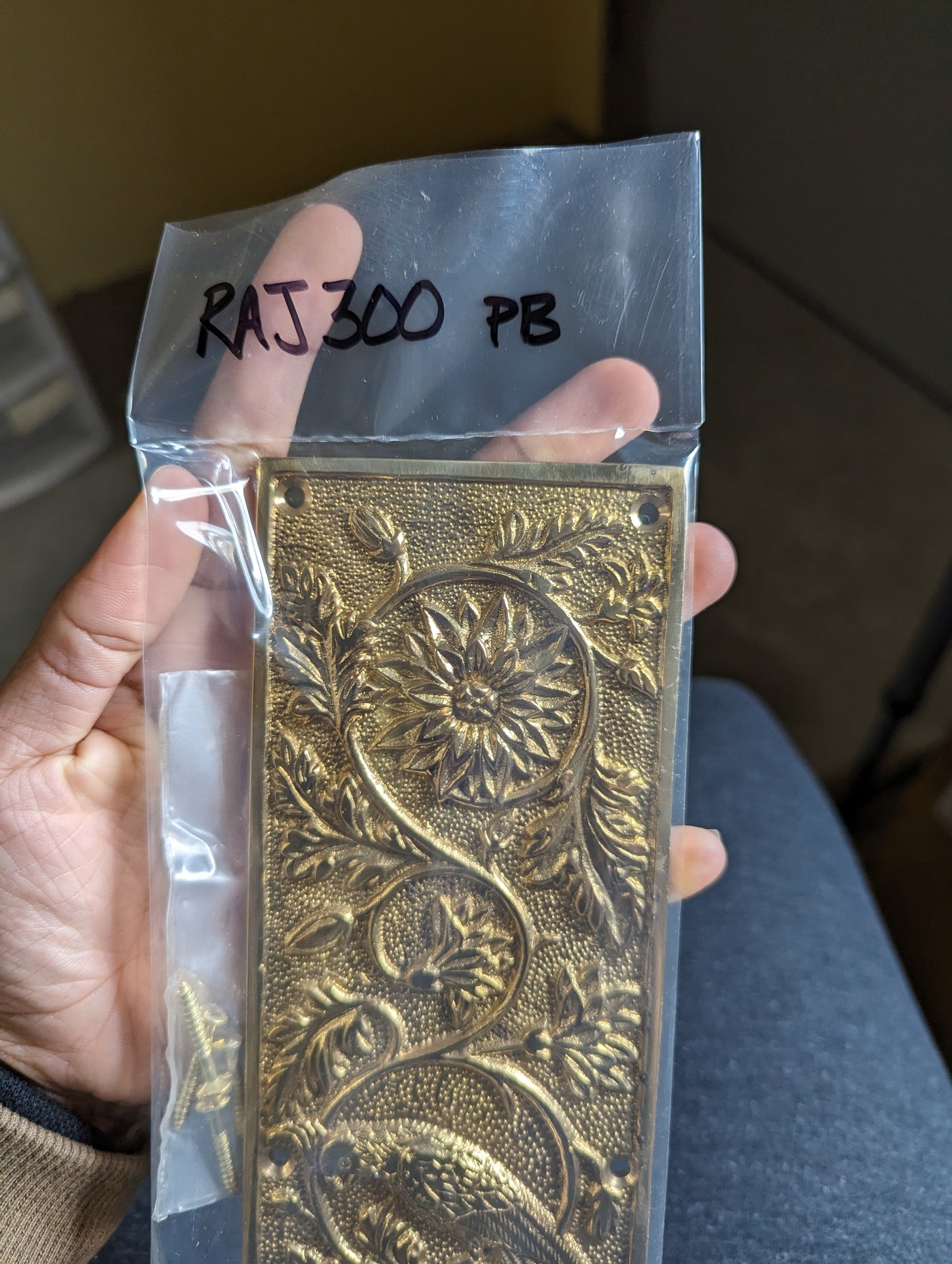 ##Antique Hardware## Open Box Sale Item 11 1/4 Inch Cockatiel Bird and Flower Push Plate (Polished Brass Finish)