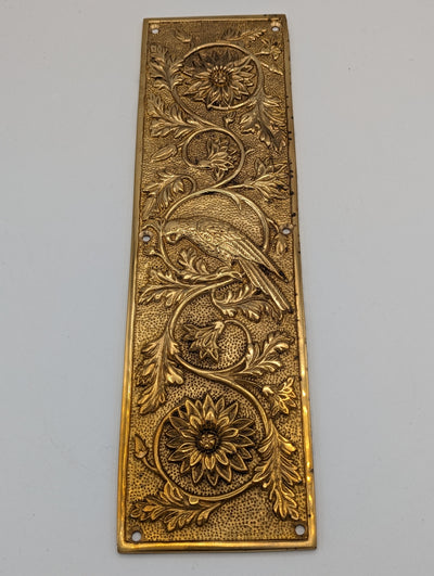 ##Antique Hardware## Open Box Sale Item 11 1/4 Inch Cockatiel Bird and Flower Push Plate (Polished Brass Finish)