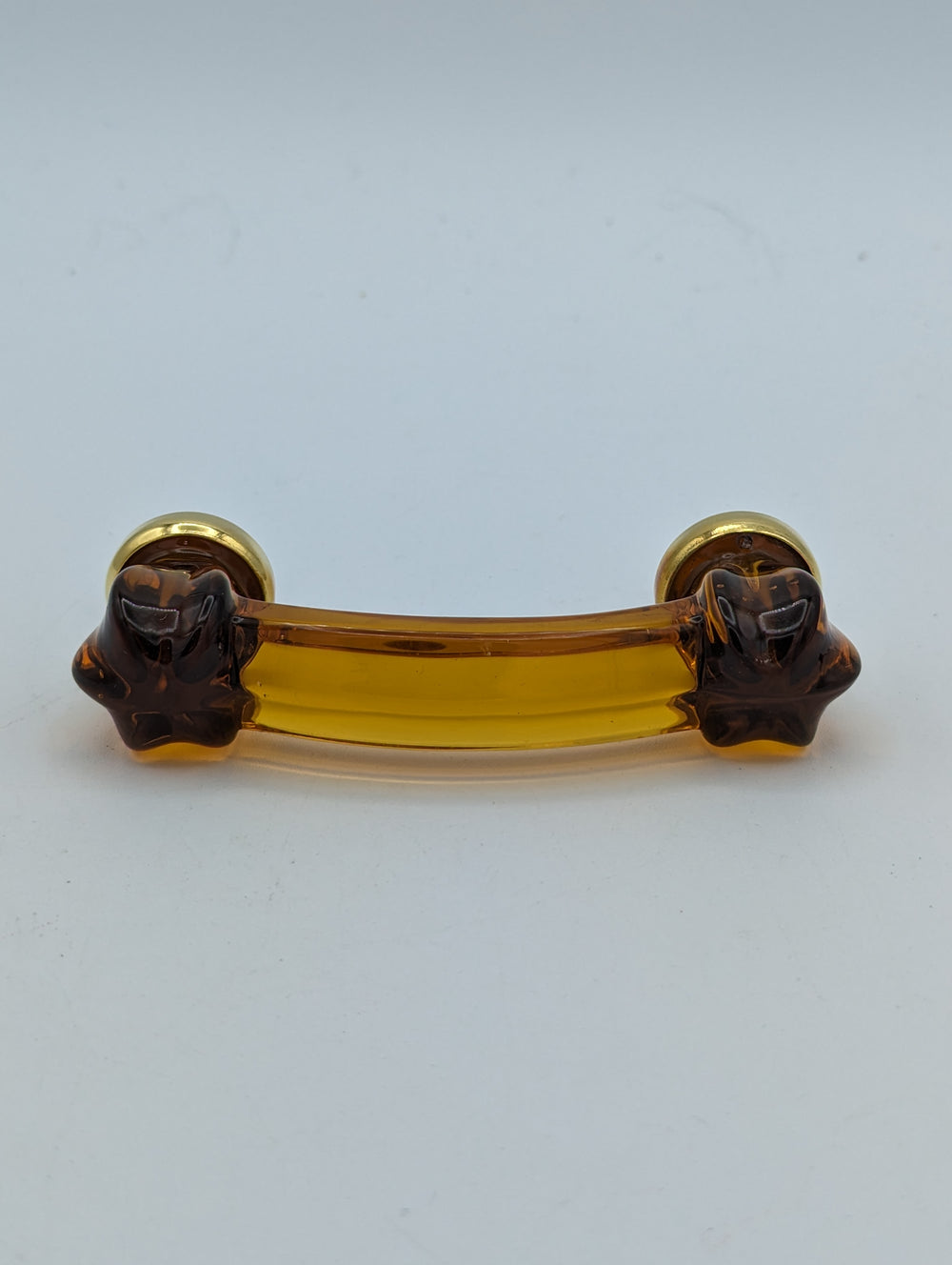 ##Antique Hardware## Open Box Sale Item 4 Inch Overall (3 Inch c-c) Amber Glass Bridge Handle (Polished Brass Finish)