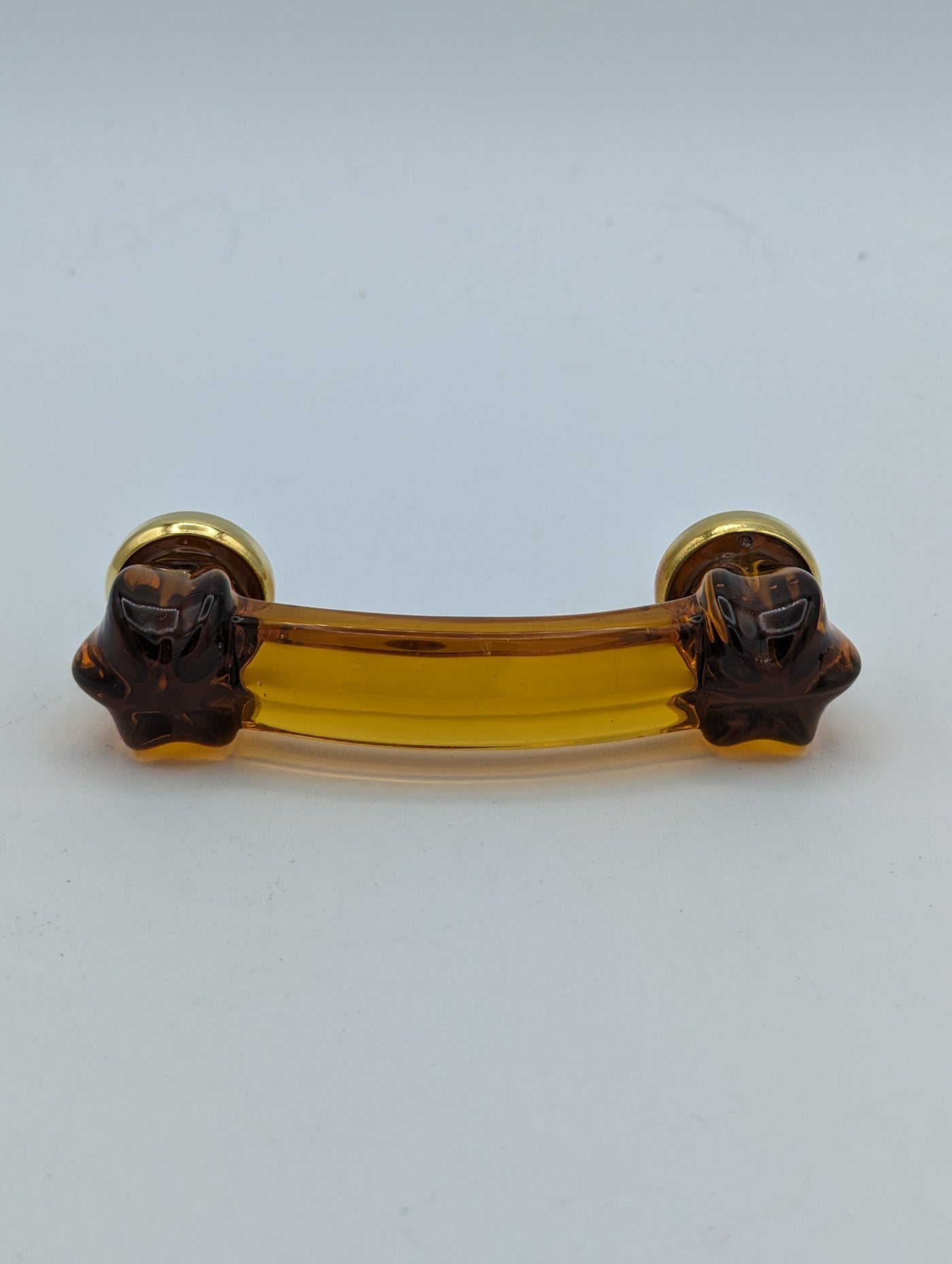 ##Antique Hardware## Open Box Sale Item 4 Inch Overall (3 Inch c-c) Amber Glass Bridge Handle (Polished Brass Finish)