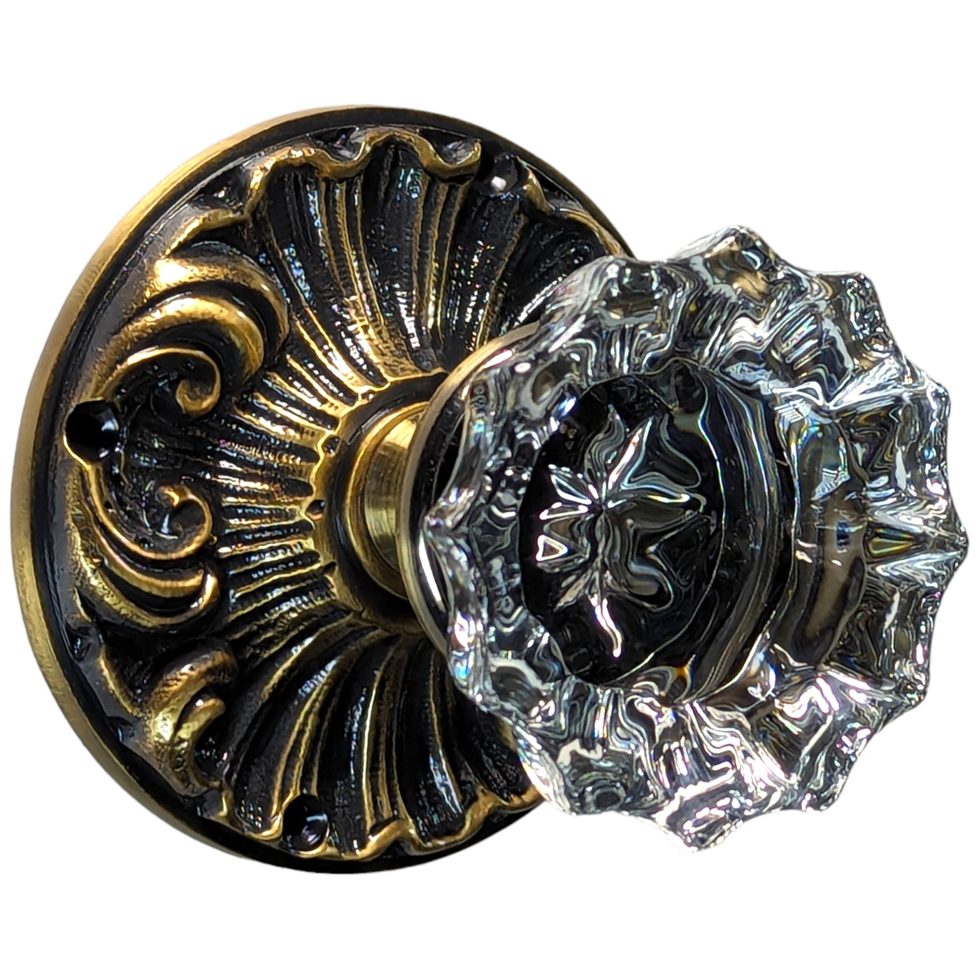 Fluted Glass Doorknob Set with Romanesque Rosette (Several Finishes Available)
