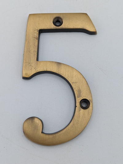 Open Box Sale Item 4 Inch Tall House Number 5 (Antique Brass Finish)