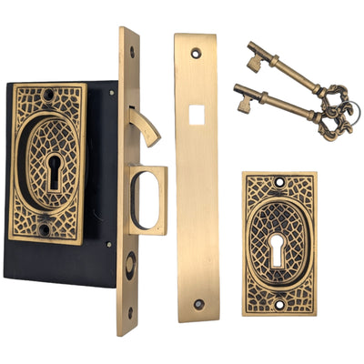 ##Antique Hardware## Craftsman Pattern Single Pocket Privacy (Lock) Style Door Set