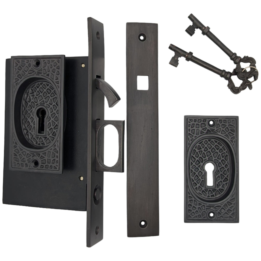Antique Hardware Craftsman Pattern Single Pocket Privacy (Lock) Style Door Set POCKET DOOR