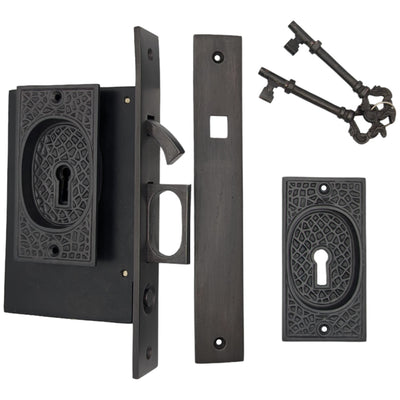 ##Antique Hardware## Craftsman Pattern Single Pocket Privacy (Lock) Style Door Set