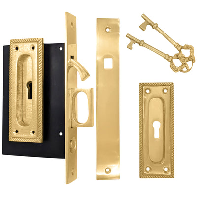 ##Antique Hardware## Georgian Square Pattern Pocket Privacy (Lock) Style Door Set