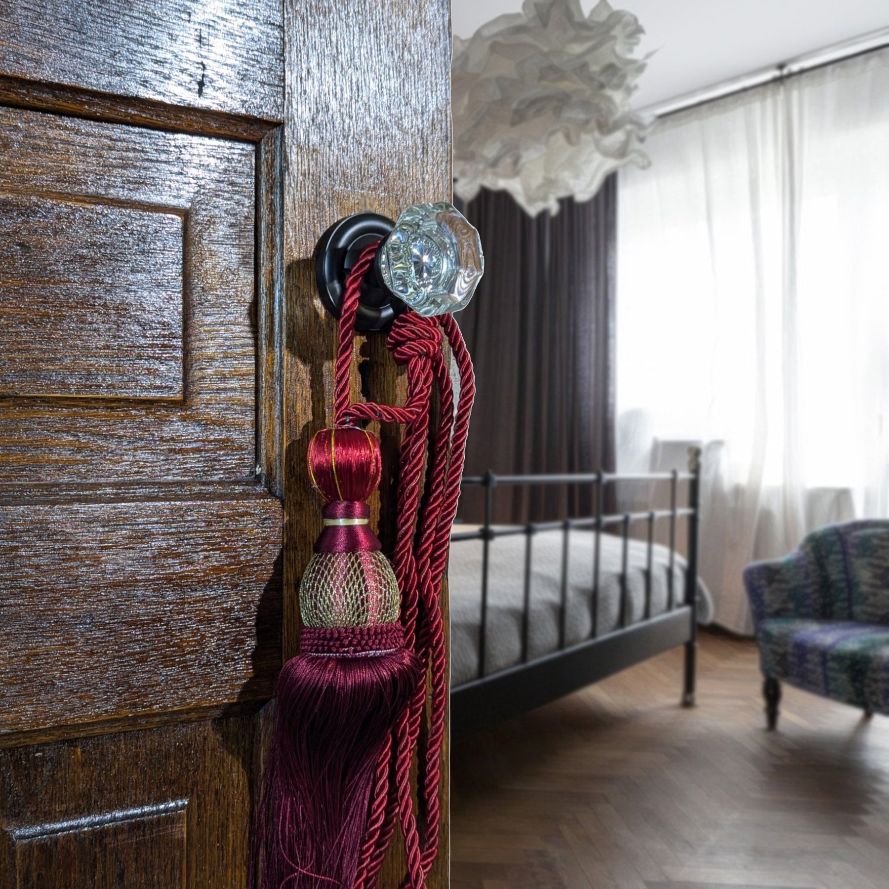 Octagon crystal knob on a polished brass rosette.