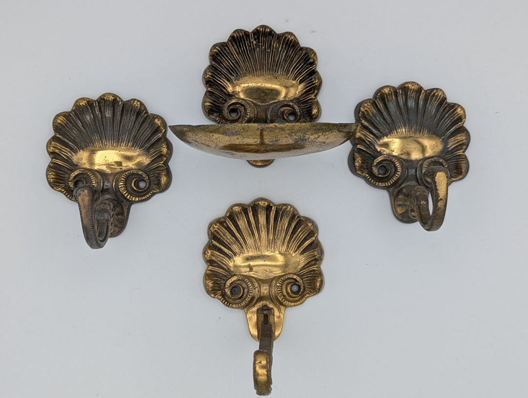 ##Antique Hardware## Brass Clamshell Bathroom Set (2 Towel Holders, 2 Small Hooks, Soap Dish – Original Early to Mid 20th Century)