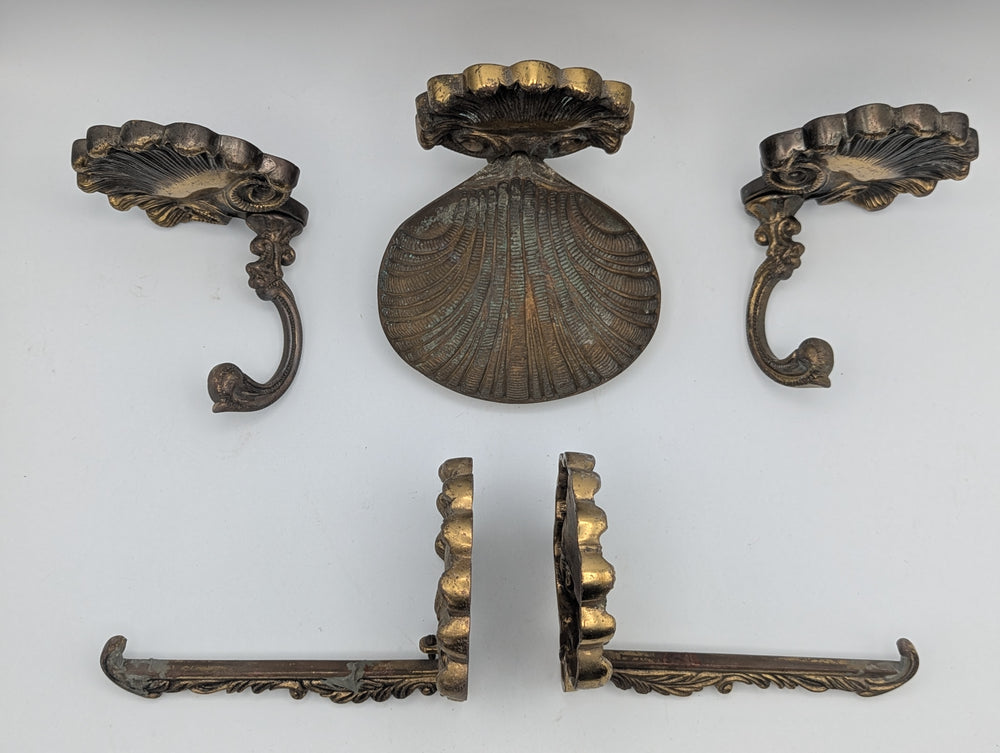 ##Antique Hardware## Brass Clamshell Bathroom Set (2 Towel Holders, 2 Small Hooks, Soap Dish – Original Early to Mid 20th Century)
