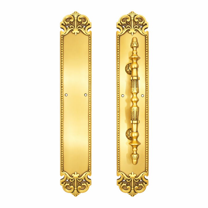 18 Inch (14 7/8 Inch C-C) Solid Brass Traditional Fleur-De-Lis Door Pull & Push Plate Set