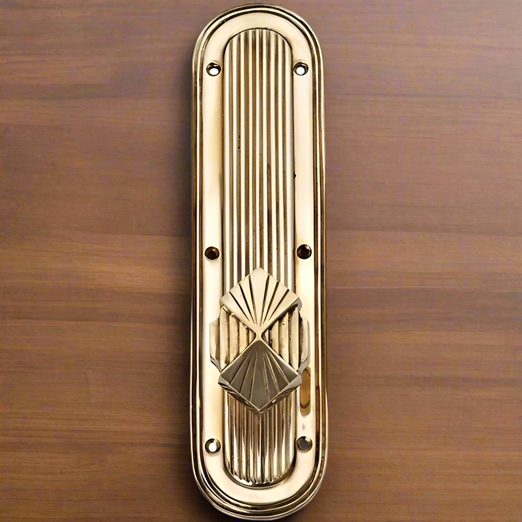 Art Deco Lined Backplate Door Set with Art Deco Fanfare Door Knobs (Several Finishes Available)