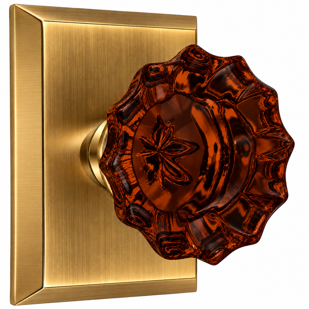 Magnifique® Rectangular Door Set with Amber Glass Fluted Knobs (Several Finishes Available)