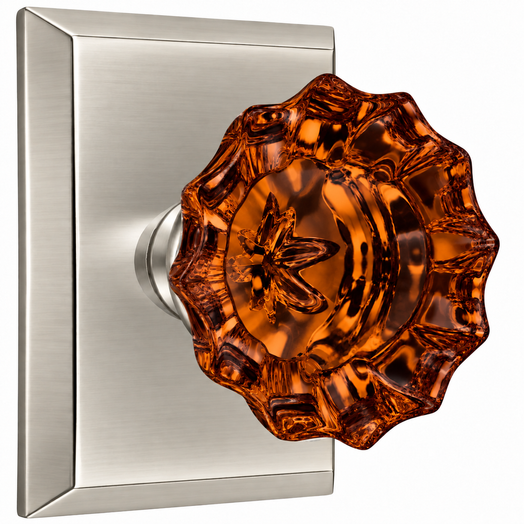 Magnifique® Rectangular Door Set with Amber Glass Fluted Knobs (Several Finishes Available)