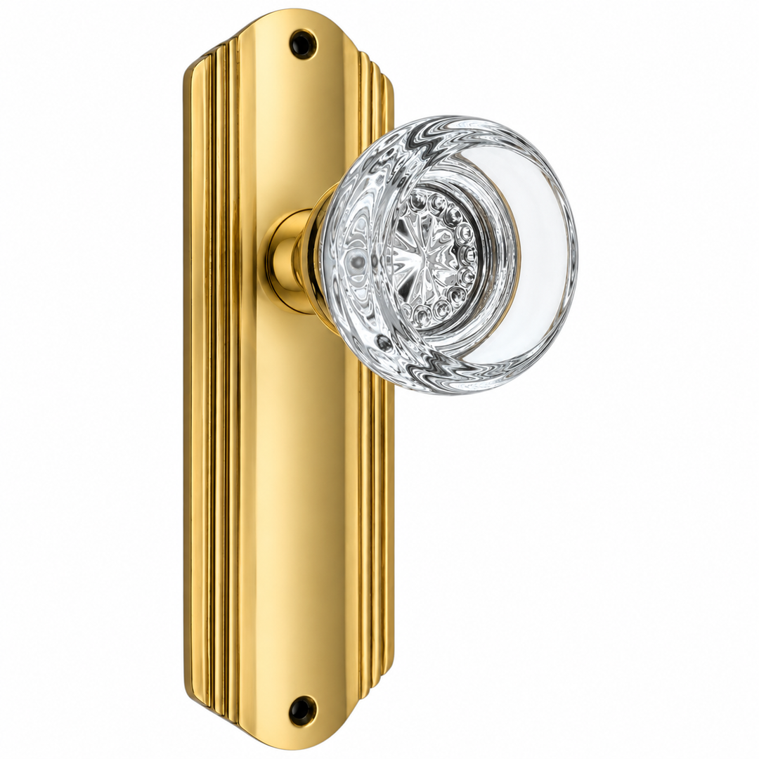 Art Deco Long Backplate Door Set with Round Crystal Door Knobs (Several Finishes Available)