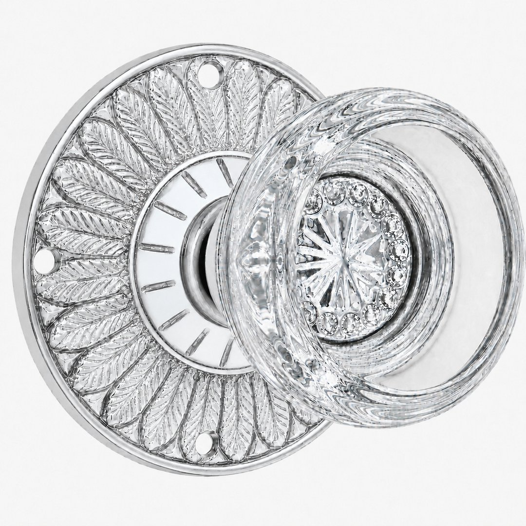 Feather Rosette Door Set with Round Crystal Door Knobs (Several Finishes Available)