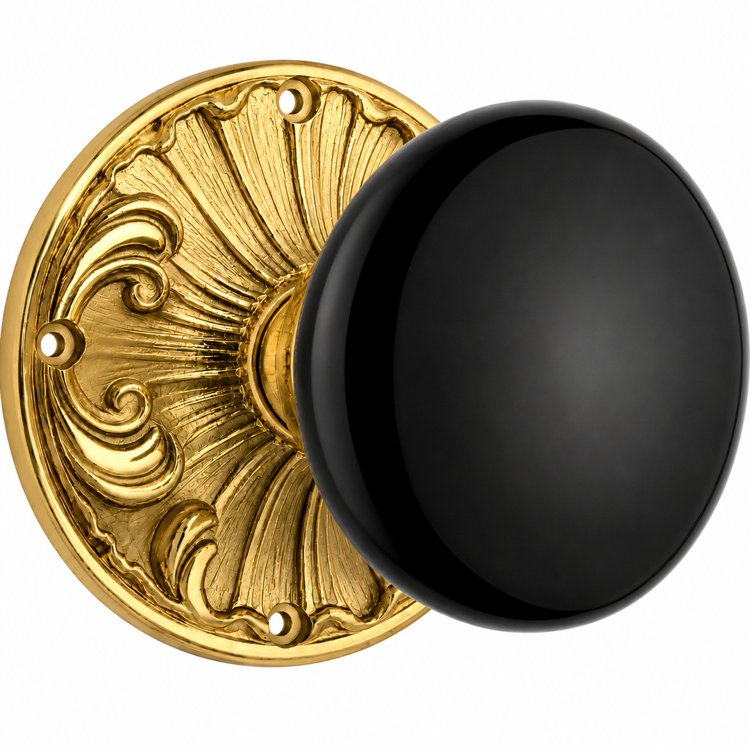 Black Porcelain Door Knob Set with Romanesque Rosette