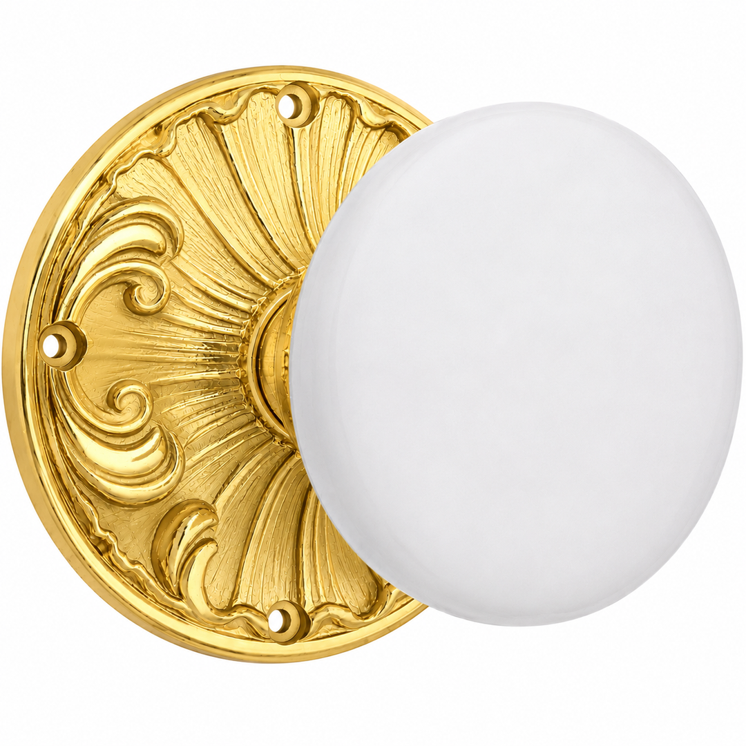 Romanesque Rosette Door Sets with White Porcelain Door Knobs (Several Finishes Available)