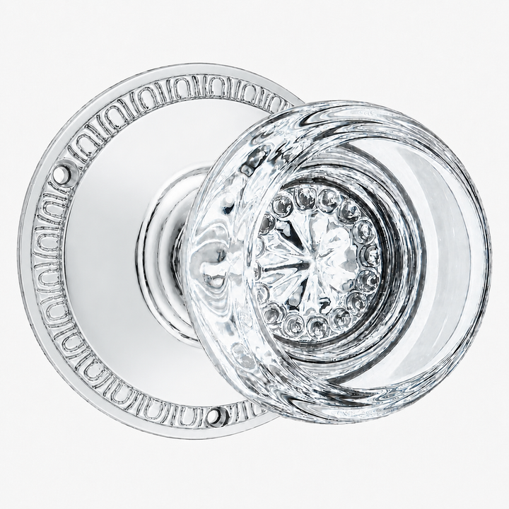 Egg & Dart Rosette Door Set with Round Crystal Door Knobs (Several Finishes Available)