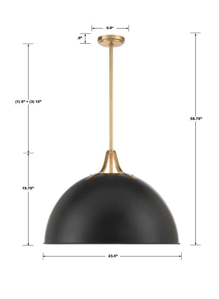 ##Antique Hardware## Soto 3 Light Matte Black + Antique Gold Chandelier