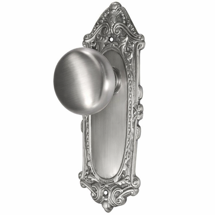 Round Solid Brass Doorknob with Ornate Victorian Backplate (Several Finishes Available)