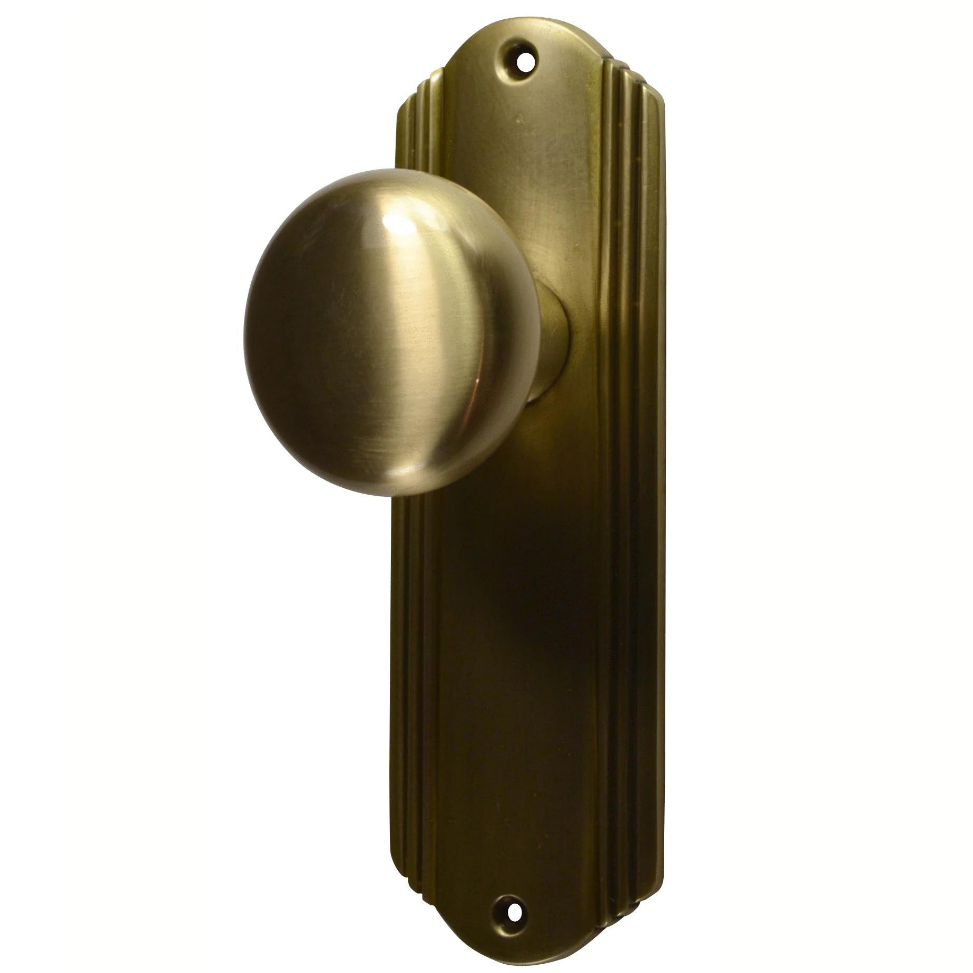 Solid Brass Round Door Knob Set with Art Deco Back Plate