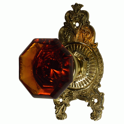 ##Antique Hardware## Ornate Victorian Rosette Door Set with Octagon Amber Glass Door Knobs (Several Finishes Available)