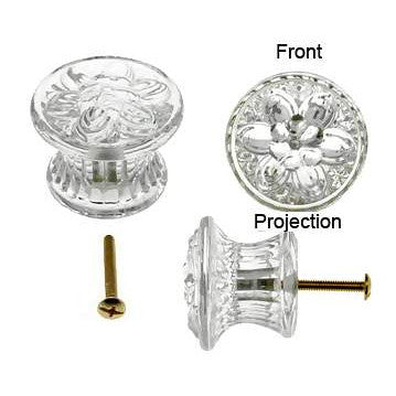 Antique Hardware 1 3/4 Inch Flat Floral Clear Glass Cabinet & Furniture Knob CABINET GLASS KNOB