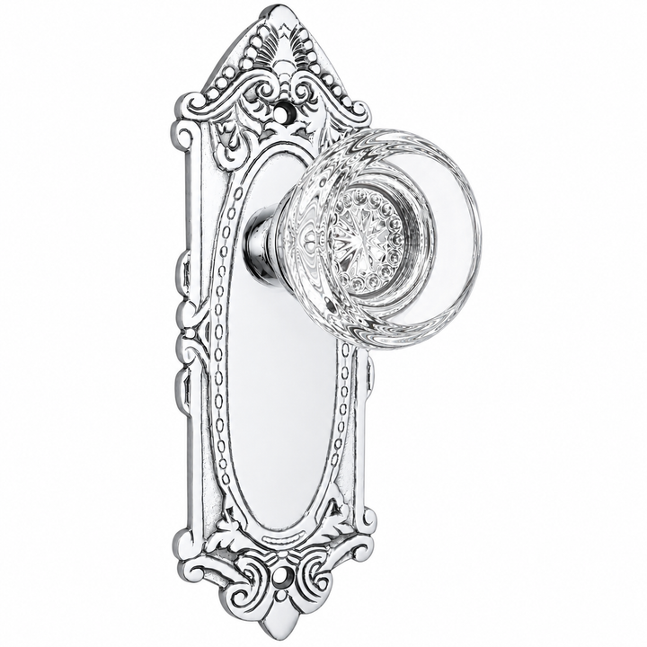 Ornate Victorian Long Backplate Door Set with Crystal Round Door Knobs (Several Finishes Available)