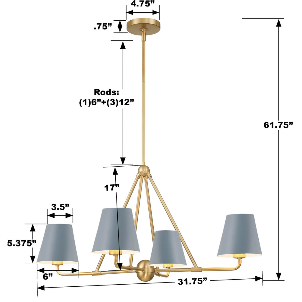 ##Antique Hardware## Xavier 4 Light Vibrant Gold + Blue Chandelier