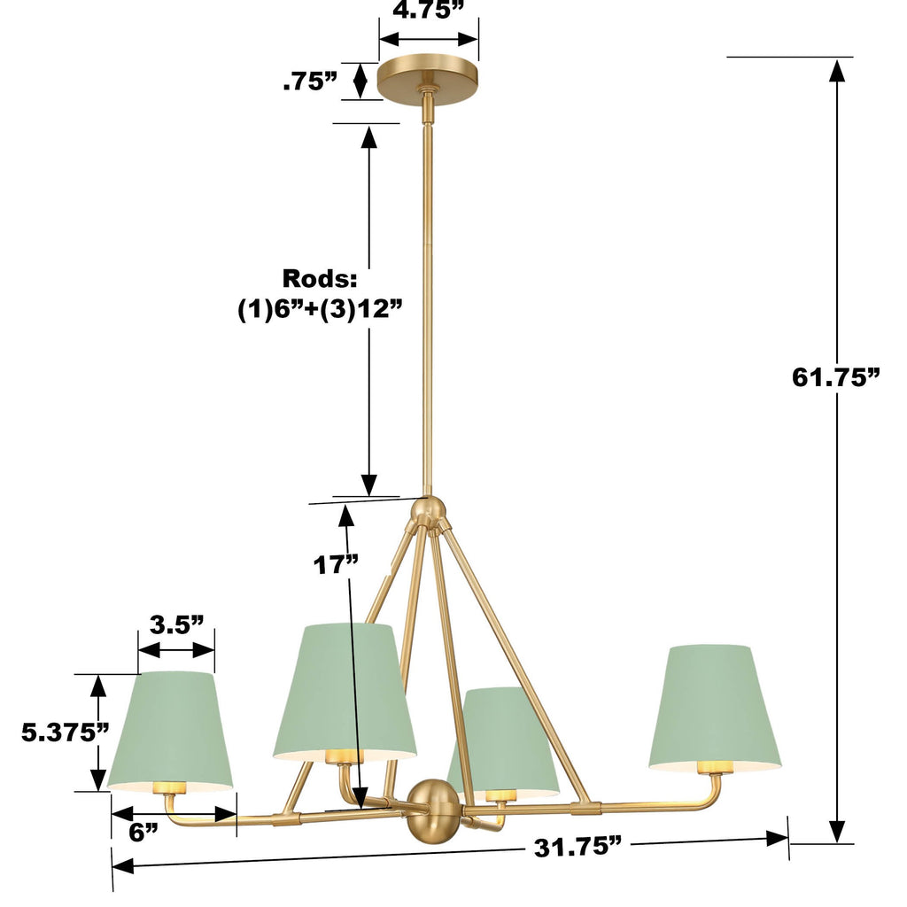 ##Antique Hardware## Xavier 4 Light Vibrant Gold + Green Chandelier