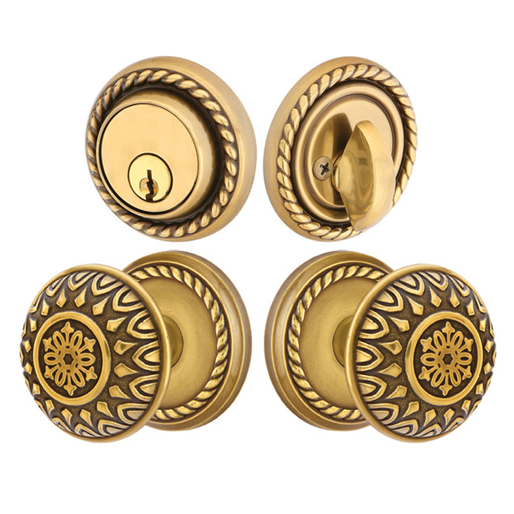 ##Antique Hardware## Solid Brass Lancaster Door Knob Deadbolt with Georgian Rope Rosette