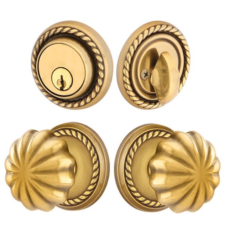 ##Antique Hardware## Solid Brass Melon Door Knob Deadbolt with Georgian Rope Rosette