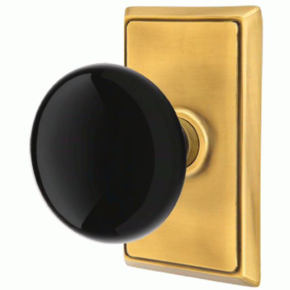 ##Antique Hardware## Black Porcelain Ebony Door Knob Set With Rectangular Rosette (Several Finish Options)