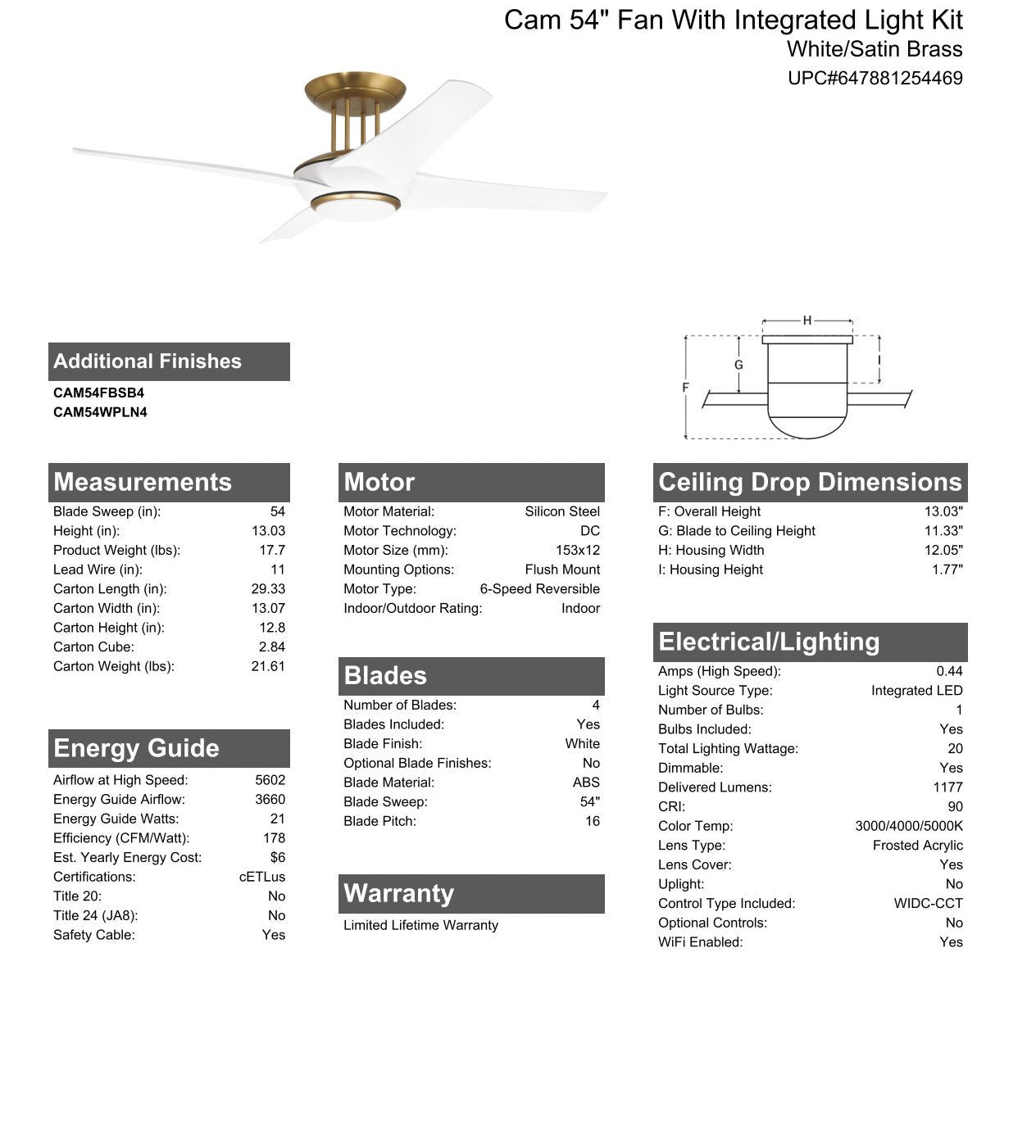 54" Cam in White/Satin Brass w/ White Blades