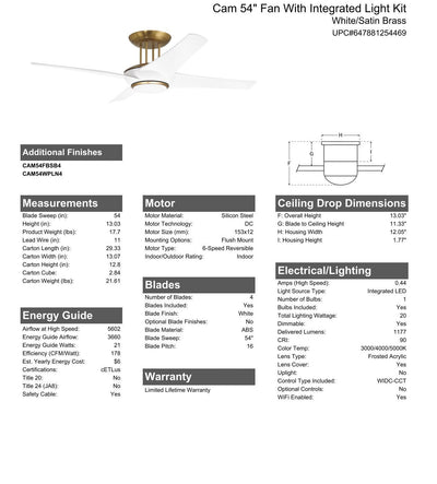 54" Cam in White/Satin Brass w/ White Blades