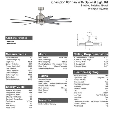 ##Antique Hardware## 60" Champion  in Brushed Polished Nickel w/ Brushed Nickel/Flat Black Blades