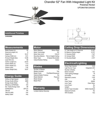 Antique Hardware 52" Chandler in Polished Nickel w/ Flat Black/Greywood Blades Ceiling Fan