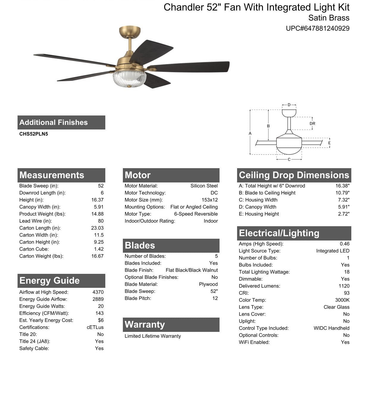 Antique Hardware 52" Chandler in Satin Brass w/ Flat Black/Black Walnut Blades Ceiling Fan