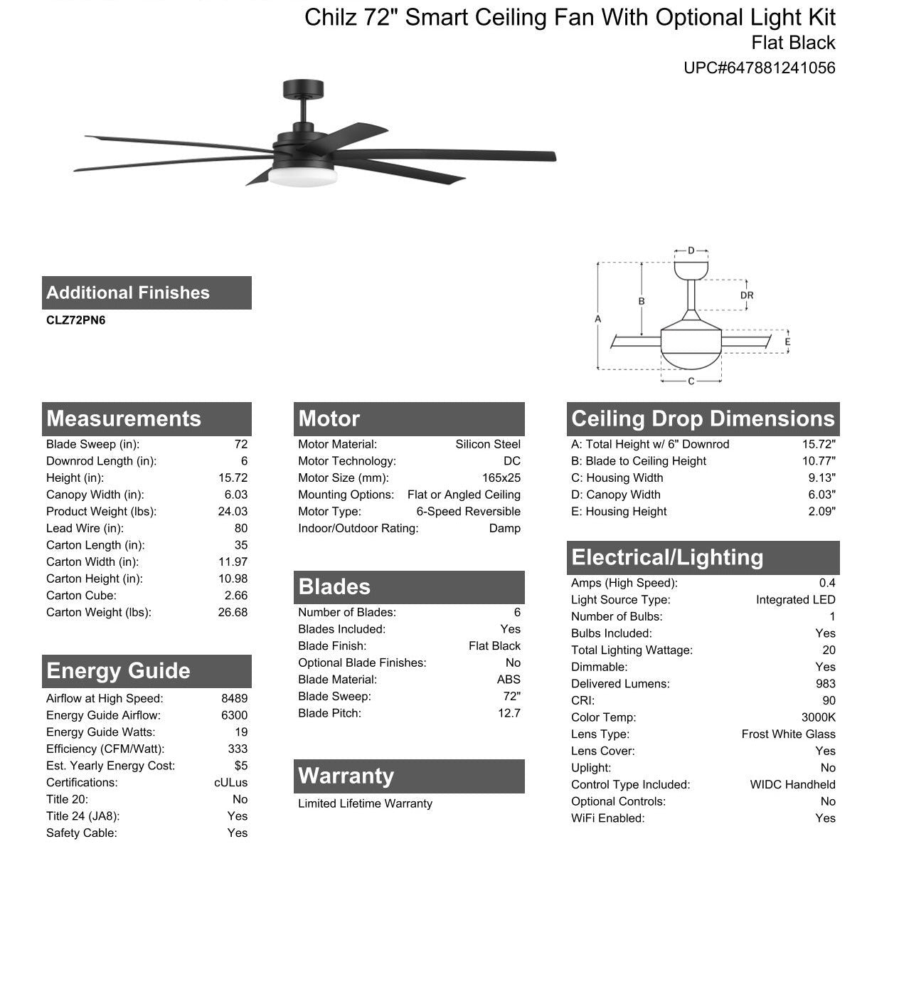 ##Antique Hardware## 72" Chilz Smart Ceiling Fan, Flat Black, Integrated LED Light Kit, Remote & WiFi Control