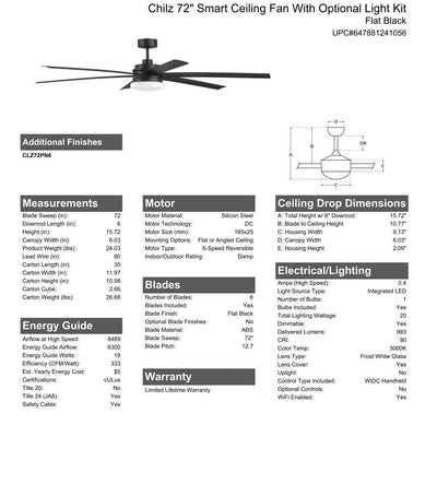 ##Antique Hardware## 72" Chilz Smart Ceiling Fan, Flat Black, Integrated LED Light Kit, Remote & WiFi Control