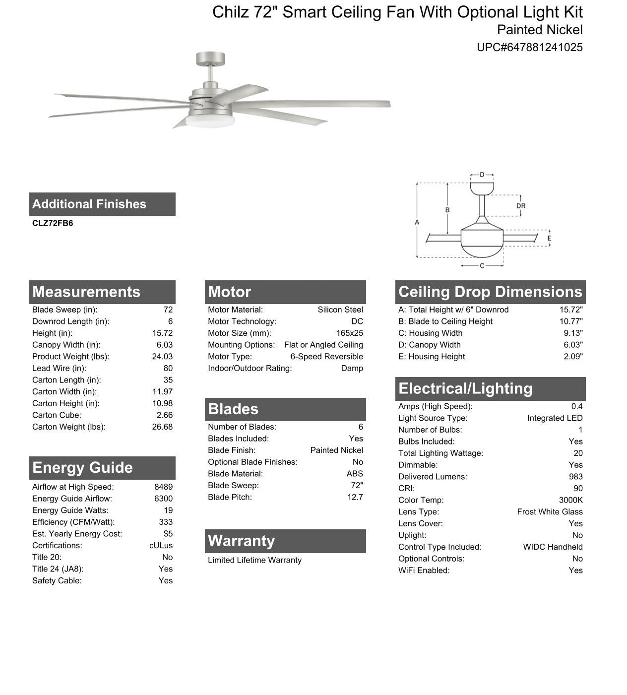 72" Chilz Smart Ceiling Fan, Painted Nickel, Integrated LED Light Kit, Remote & WiFi Control