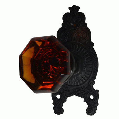 ##Antique Hardware## Ornate Victorian Rosette Door Set with Octagon Amber Glass Door Knobs (Several Finishes Available)