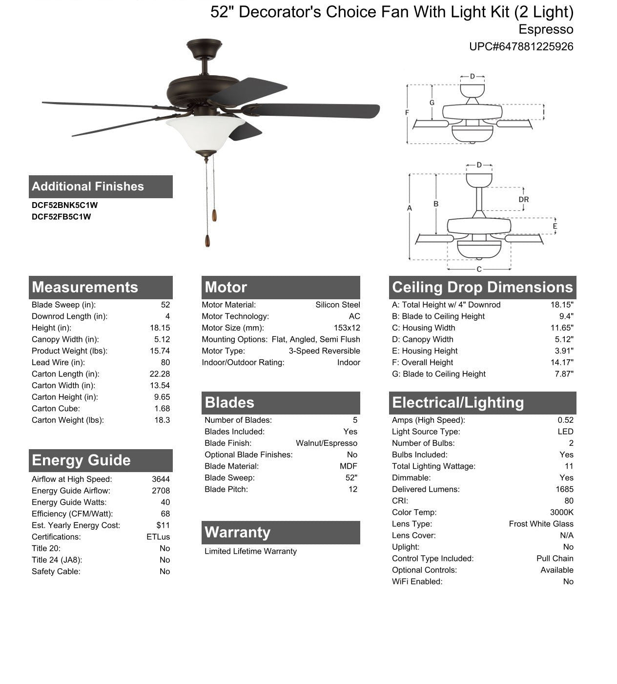 ##Antique Hardware## 52" Decorator's Choice 2 Light in Espresso w/ Walnut/Espresso Blades