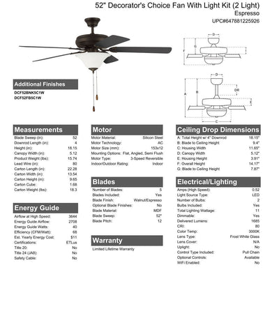 ##Antique Hardware## 52" Decorator's Choice 2 Light in Espresso w/ Walnut/Espresso Blades