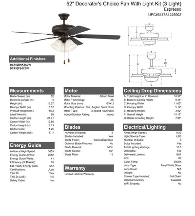 Antique Hardware 52" Decorator's Choice 3 Light in Espresso w/ Walnut/Espresso Blades Ceiling Fan