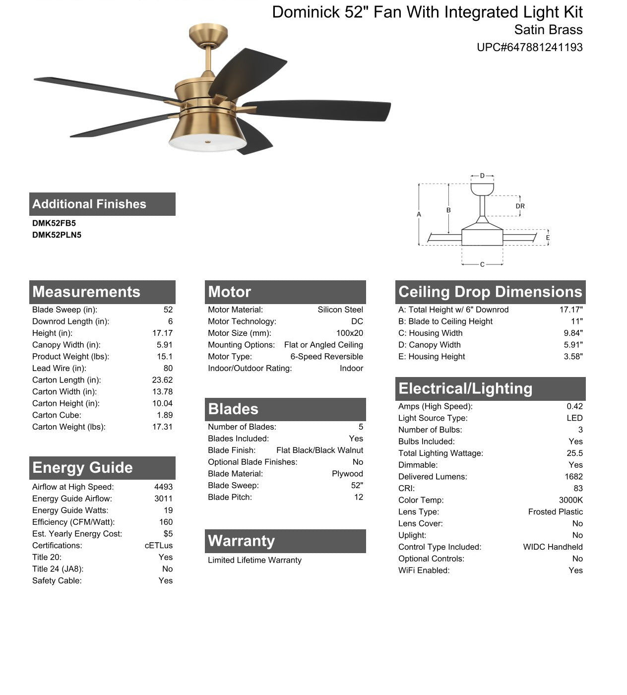 Antique Hardware 52" Dominick in Satin Brass w/ Flat Black/Black Walnut Blades Ceiling Fan