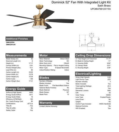 Antique Hardware 52" Dominick in Satin Brass w/ Flat Black/Black Walnut Blades Ceiling Fan